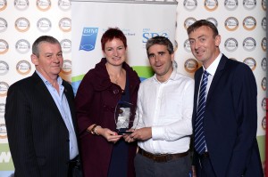 Mark Muldoon of Kinsale Gourmet winner of Blas na hEireann / Irish Food Award for Innovation sponsored by BIM's Seafood Development Centre (SDC) with Aileen Deasy and Paul Ward of the SDC and Arty Clifford of Blas na hEireann.  Picture by Don MacMonagle