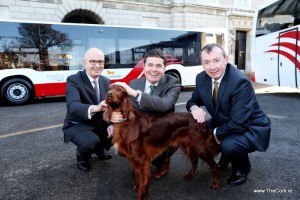 15/01/2016 NO REPRO FEE, MAXWELLS DUBLINBus Éireann launch new €50m fleet of the future – over 100 new buses for services nationwidePic shows ( l to r ) Tim Gaston,  Director of Public Transport Services, National Transport Authority, Minister for Transport, Tourism & Sport, Paschal Donohoe TD, Martin Nolan, CEO Bus Éireann and Teelin the dog. Funding for 116 new vehicles was provided by the Department of Transport, Tourism and Sport via the National Transport Authority (NTA). Four of these new models were on show, which included 82-seater double deck commuter coaches, and 78-seater double deck buses. The state-of-the-art vehicles feature extra legroom, power sockets [on commuter coaches], free WiFi, monitors with Real Time Passenger Information, are wheelchair accessible and have lower fuel emissions.For further information or images please contact  Nicola Cooke, Media & PR Manager, Bus Éireann at (01) 7031759 or (087) 7806125PIC: NO FEE, MAXWELLPHOTOGRAPHY.IE