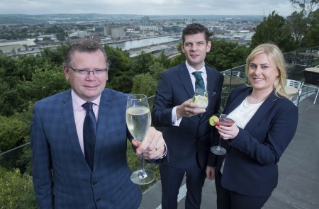 Free Pic no repro fee  Frankie Whelehan with Donald Morrissy and Daniel O'Rourke  members of hotel staff of the Montenotte Hotel pictured celebrating the completion of works which has transformed Cork’s third largest hotel into a superior 4 star, luxury destination following a multi million euro investment.  The addition of a magnificent 6 metre outdoor covered terrace provides one of the best views of Cork city and a perfect setting for the hotel’s new bar and restaurant, aptly named “Panorama”. Pictures by Gerard McCarthy 087 8537228   For more information contact 021 4943939    086 8145462     renate@cameo.ie